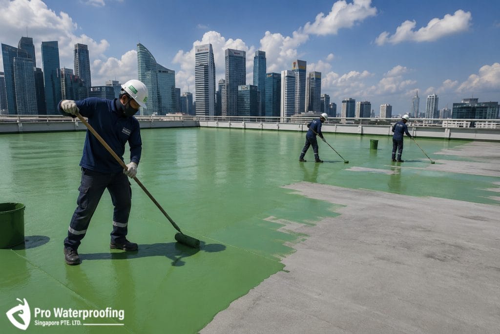Workers applying seamless green liquid polyurethane waterproofing membrane on a commercial RC flat roof in Singapore.