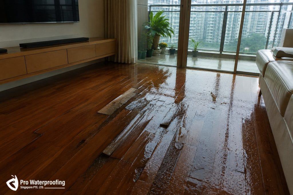 Rainwater seepage from balcony damaging indoor wooden parquet floor in Singapore condo.