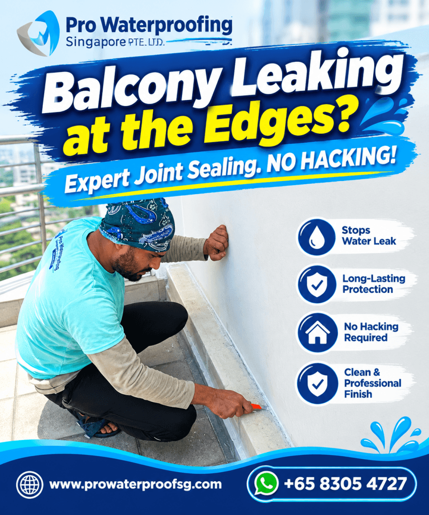Pro Waterproofing Singapore technician meticulously scraping and preparing balcony wall joints to stop water seepage.