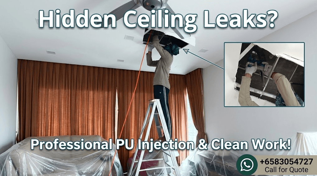 Waterproofing specialist opening a false ceiling to inspect concrete slab leaks in a Singapore condo