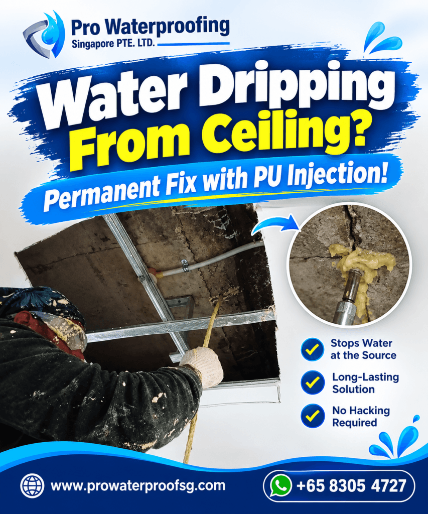 Waterproofing specialist performing high-pressure PU injection grouting to stop a concrete ceiling leak in Singapore.