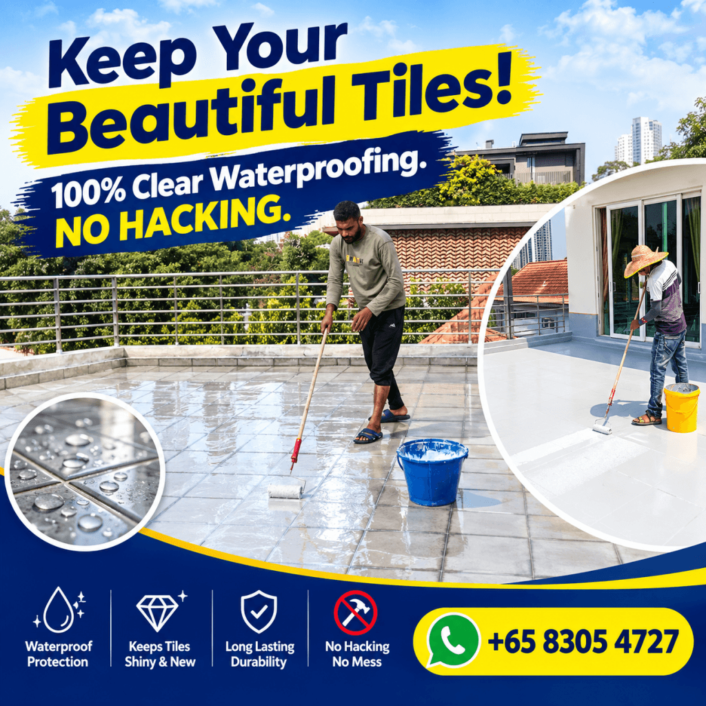 Waterproofing technician applying clear liquid membrane over open terrace tiles in Singapore without hacking